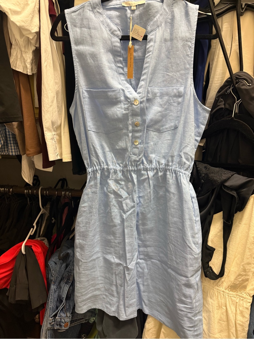 Light Blue Sleeveless Linen Dress - Casual Button Front with side pocket